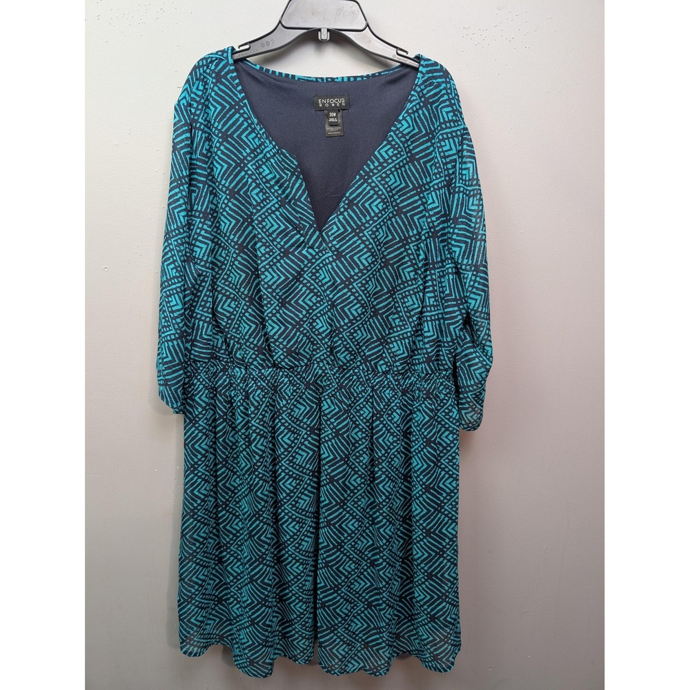 En Focus Women Dress Womens 20W Teal Black Geometric V-Neck 3/4 Sleeve Plus